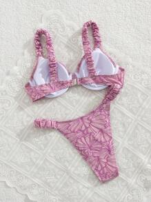 Swim Mod 2件組女款抓皺花卉布料墊胸緊身短上衣與高腰短褲泳裝，度假夏季穿搭 - 淺粉色 - 查看 2