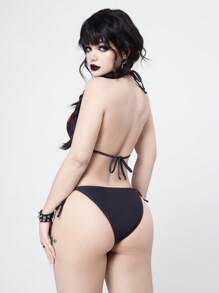 ROMWE Goth Women's Skeleton Print Edgy Red Lace Trim Bikini Set, For Holiday, Beach, Party, Spring & Summer - Multicolor - View 2