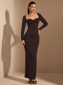 SHEIN BAE 女士纯黑色性感简约方领长袖蕾丝杯文胸，优雅长裙，适合春/秋/冬季，适合情人节、派对、浪漫约会、伴娘、正式舞会、工作、黑色连衣裙 - 咖啡棕 - 查看 3