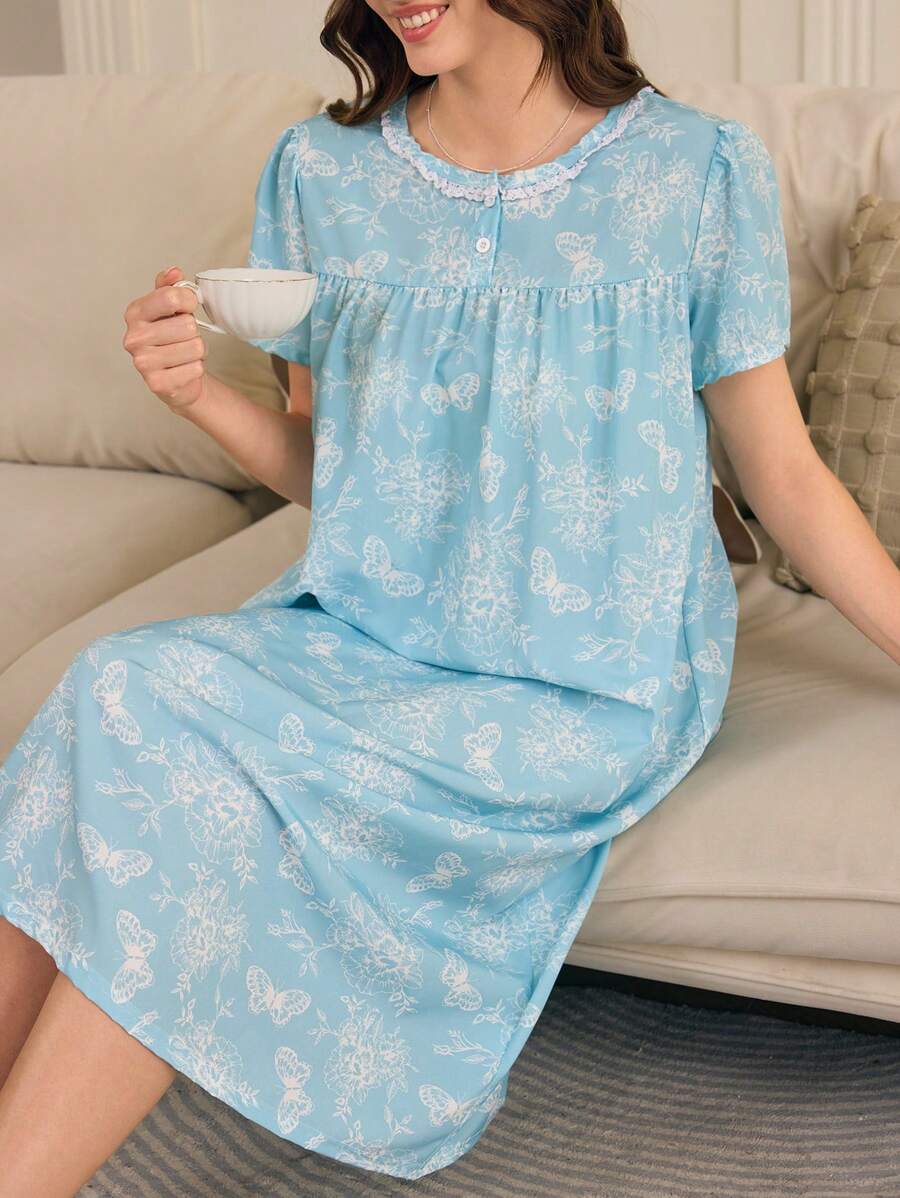 Women's Light Blue Smooth & Comfortable Non-Stretch Fabric Summer Dress With White Butterfly & Floral All-Over Print, Decorated Neck With White Lace, Loose Fit Short Sleeve Dress - Blue - View 1