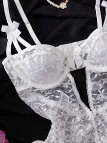 SHEIN 蝴蝶蕾丝网眼荷叶边装饰钢圈内衣紧身衣，女式，性感