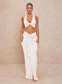 Lumalex 女士两件套：U 领扭纹短款背心和低腰褶饰荷叶边下摆紧身裙