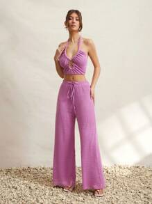 L'Amorae Pantalones de playa de verano de pierna ancha con elástico y ganchillo, conjuntos de verano para mujer, conjuntos para el brunch para mujer, para el Día de la Madre