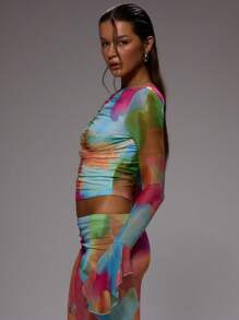 MUSERA Slinky Ruched Front Elegant Longline Flared Sleeve Top Only For Summer Vacation Wedding Guest Graduation Formal - Blue - View 2