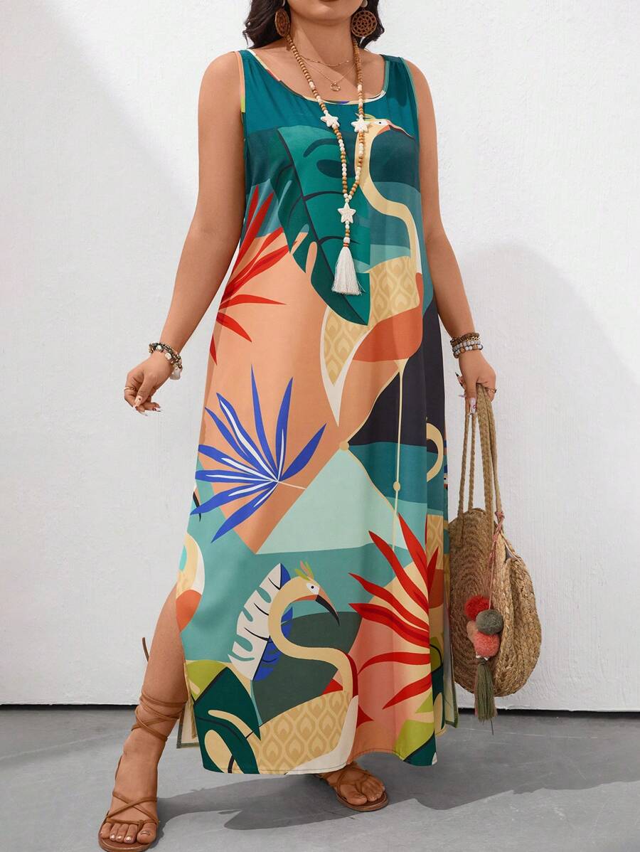 SHEIN Holidaya 大码女式休闲假日宽松细肩带连衣裙，侧开衩，印花，夏季 - 綠色 - 查看 1