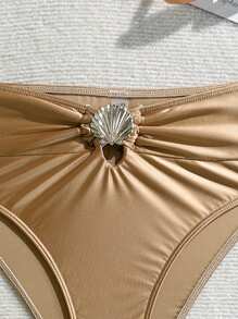 Swim SXY 1pc High-Waisted Solid Shiny Fabric Sexy Shell Metal Decor Women Swimsuit Bikini Bottom For Summer Beach Vacation - Brown - View 7