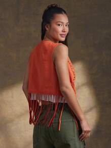 WESTFADE Faux Suede Open Front Western Studded Cowgirl Cute Fringe Vest - Rust Brown - View 3