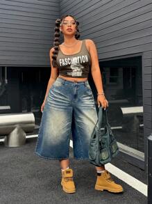 SHEIN ICON Women Plus Size High Waist Loose Pocket Capri Wide Leg Casual Jeans