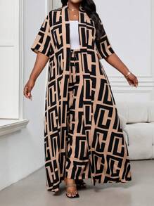 SHEIN Lady Plus Size Women's Geometric Print Short Sleeve Front Button Long Shirt And Pants Casual Plus Size Two Pieces Set - Multicolor - View 5