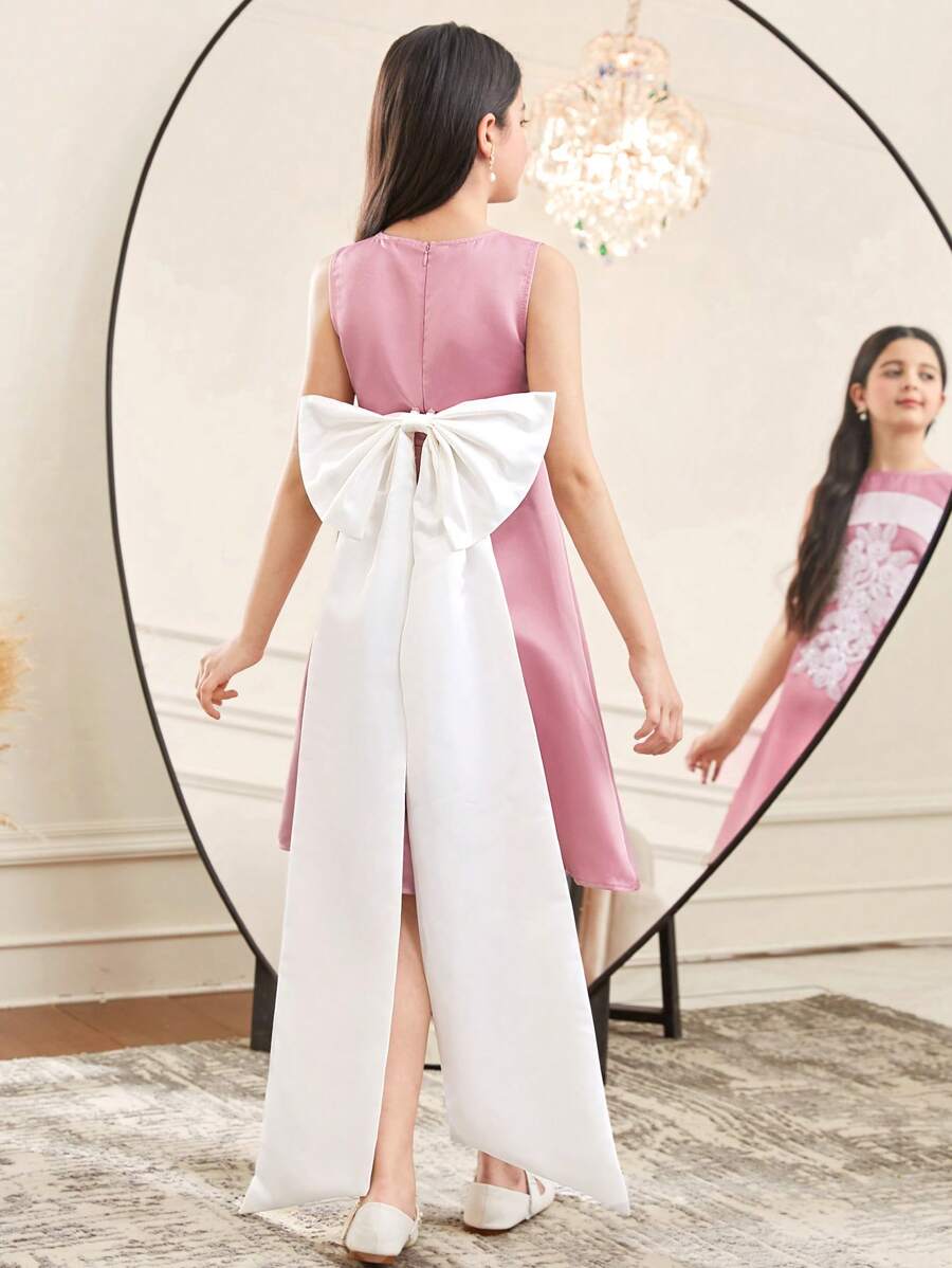 SHEIN 青少年女孩优雅蝴蝶结露背圆领无袖连衣裙,派对/正式服装 - 粉色 - 查看 1