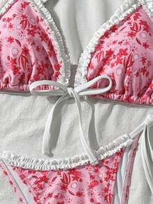 SHEIN Swim Women Summer Beach Vacation Sweet Lovely Random Printed White Frill Tie Bikini Set - Multicolor - View 5