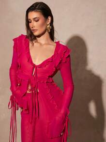 Silquee Early Spring/Summer Women Sexy Magenta, Burgundy, Plum, Berry, Pink Sheer Blouse And Maxi Skirt 2 Pieces Set, Suitable For Daily Vacation Wear, Spring Break Vacation, Beach Vacation, Bikini Cover-Up, Bikini Party, Night Out, Girlfriend Gathering, Beach Party, Pool Party, Holiday Outfit, Nature Party, Cabin Vacation, Romantic Date - Pink - View 6