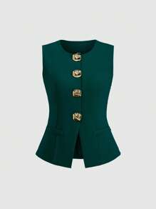 Sweetra 简约法式简约基本款金属大纽扣无袖女士薄款西装外套 - 墨綠色 - 查看 1