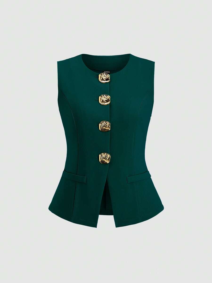 Sweetra 简约法式简约基本款金属大纽扣无袖女士薄款西装外套 - 墨綠色 - 查看 1
