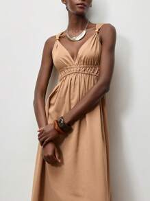 Lumivelle Summer Casual Solid Color V-Neck Ruched Dress - Brown - View 3