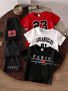 SHEIN 6 件套年轻男孩时尚创意数字和字母印花短袖 T 恤和休闲裤套装 - 彩色 - 查看 1