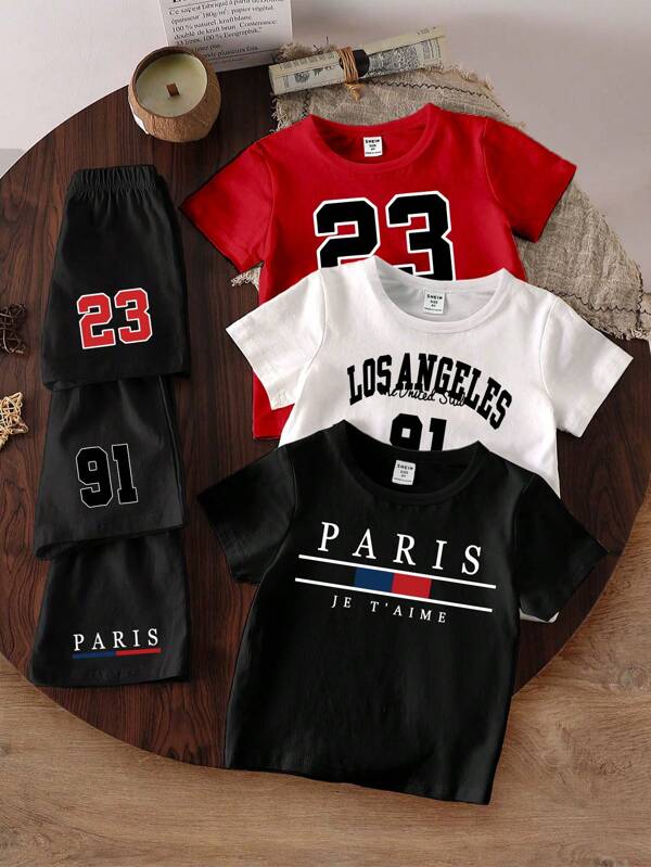 GraphicGems 6pcs/Set Young Boy Fashionable Creative Number & Letter Print Short Sleeve T-Shirt & Casual Pants Set