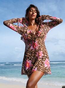 Opulessa Abito casual da donna con maniche a trombetta con volant, stampa floreale e leopardo, adatto come coprispalla per la spiaggia, abiti da spiaggia da donna, outfit estivi da donna, costumi da bagno a vita alta, outfit da vacanza da donna, outfit da spiaggia da vacanza, elegante, casual, boho, costume da bagno a vita alta, outfit da concerto country - Multicolore - Visualizzare 7