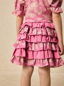 SHEIN Young Girls Elegant Pink Floral Print Cake Style Mini Skirt, Spring/Summer - Pink - View 2