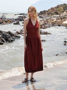 Lumivelle Women's V-Neck Cinched Waist Ruched A-Line Elegant Backless Knit Dress - Rust Brown - View 6