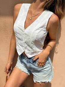 SHEIN Frenchy 女士无袖刺绣前扣休闲度假衬衫