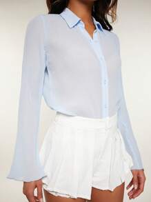 SHEIN Unity Top Mesh Textured Lettuce Trim Summer Party Club Vacation Long Sleeve Top Office Teacher Casual Brunch For Women - Baby Blue - View 6