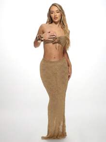 MISSGUIDED 海滩罩起来马克西裙子蕾丝美人鱼风格长地板长度泳装罩起来度假村穿泳池派对度假海滩装 - 卡其色 - 查看 3