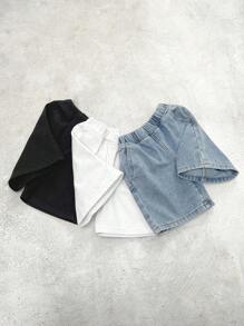SHEIN 3 Stücke Set für Baby-Jungen, Sommer, Vintage, Distressed, Street, cooler Stil, lässig, für jeden Tag, blau, weiß und schwarz, Denim, Baumwolle, elastischer Bund, lockere Passform, Baggy-Jeans, kurzes Set, für Baby-Schulanfangskleidung und Streetwear-Outfits