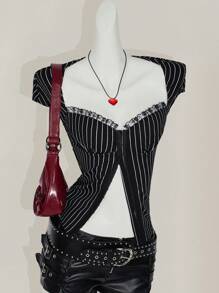 SHEIN ICON Summer Casual Open Front Stripe Lace Trim Fitted T-Shirt,Rave Top - Black - View 1