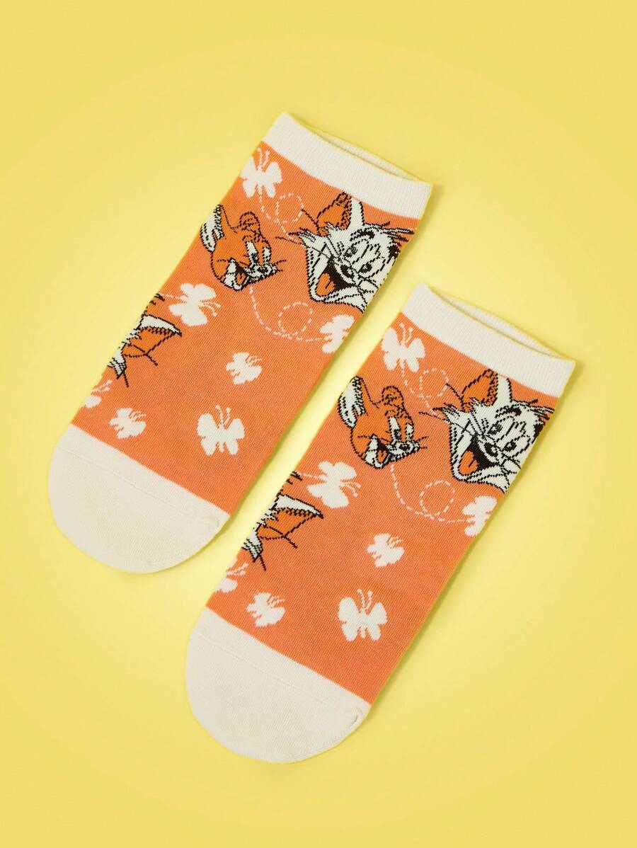 TOM & JERRY X SHEIN 1 Đôi tất cổ ngắn thời trang họa tiết hoạt hình dành cho nữ - trái cam - Xem 1