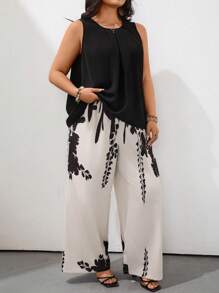 EMERY ROSE 2pcs Ladies' Summer Chiffon Ruffle Front Sleeveless Top And Wide Leg Printed Pants Casual Suit - Black - View 3
