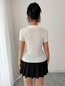 Elenzga Short Sleeve Embroidered Cable Knit Ladies Sweater - White - View 2