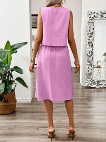 EMERY ROSE 2 stuks/set dames effen knoopontwerp mouwloze blouse en minirokset