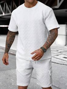 Manfinity Homme Ensemble t-shirt à col ras-du-cou unicolore à manches courtes et short cargo taille avec cordon pour homme