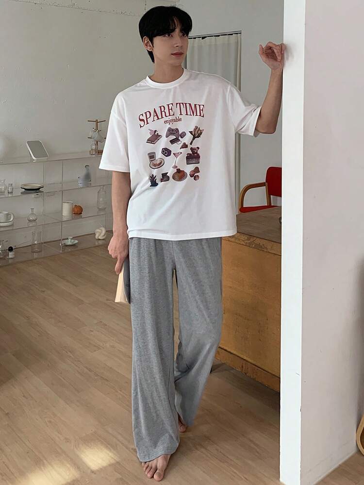 Summer Letter Printed T-Shirt With Men's Lounge Wear Set Pajama