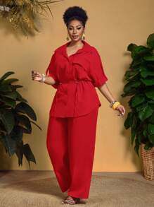 Slaydiva 大码女式优雅办公和度假胸袋抽绳腰衬衫和裤子两件套 - 紅色 - 查看 5