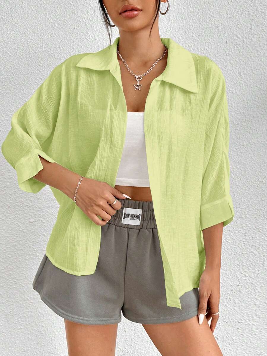 SHEIN PETITE 春季白色纯色蝙蝠袖白衬衫 - 綠色 - 查看 1