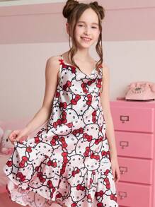 HELLO KITTY AND FRIENDS | SHEIN Tween 女童休闲舒适卡通猫咪印花连身裙 - 紅白色 - 查看 3