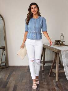 EMERY ROSE Women Denim Jacket With Short Puff Sleeves, Single-Breasted, Ruffle Hem, Casual Style - Light Wash - View 3