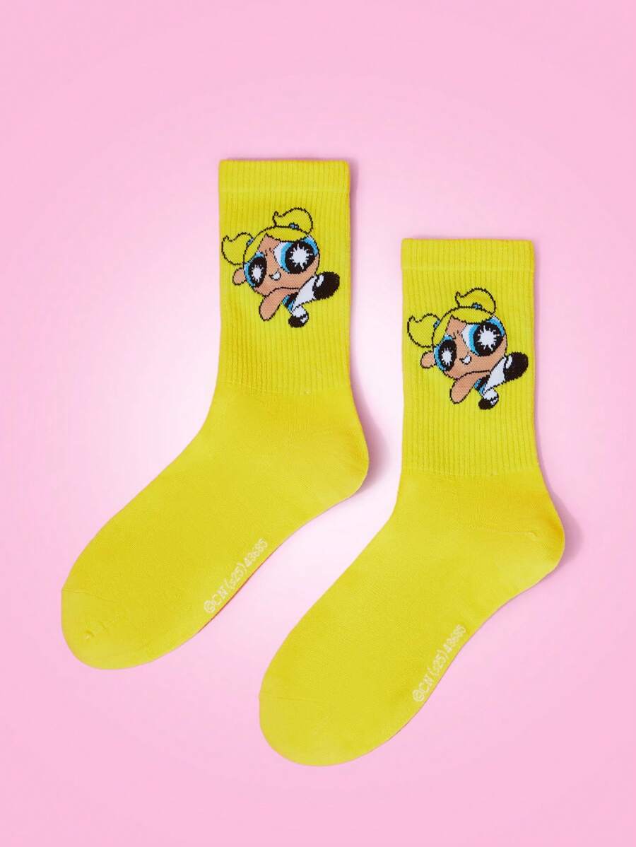 THE POWERPUFF GIRLS X SHEIN 1 Pair Women Fashionable Soft Bubble Pattern Mid-Calf Socks - Yellow - View 1