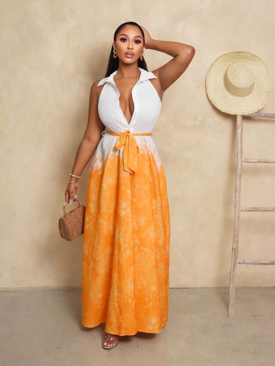 BamGleam Ärmelloses Mini-Kleid mit durchgehendem Muster und Gürtel, sexy Sommer