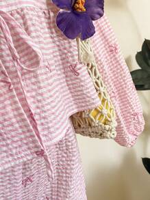 SHEIN EZwear Women Casual Cute Tie Front Long Sleeve Blouse, Suitable For Summer, Butterfly & Striped Print