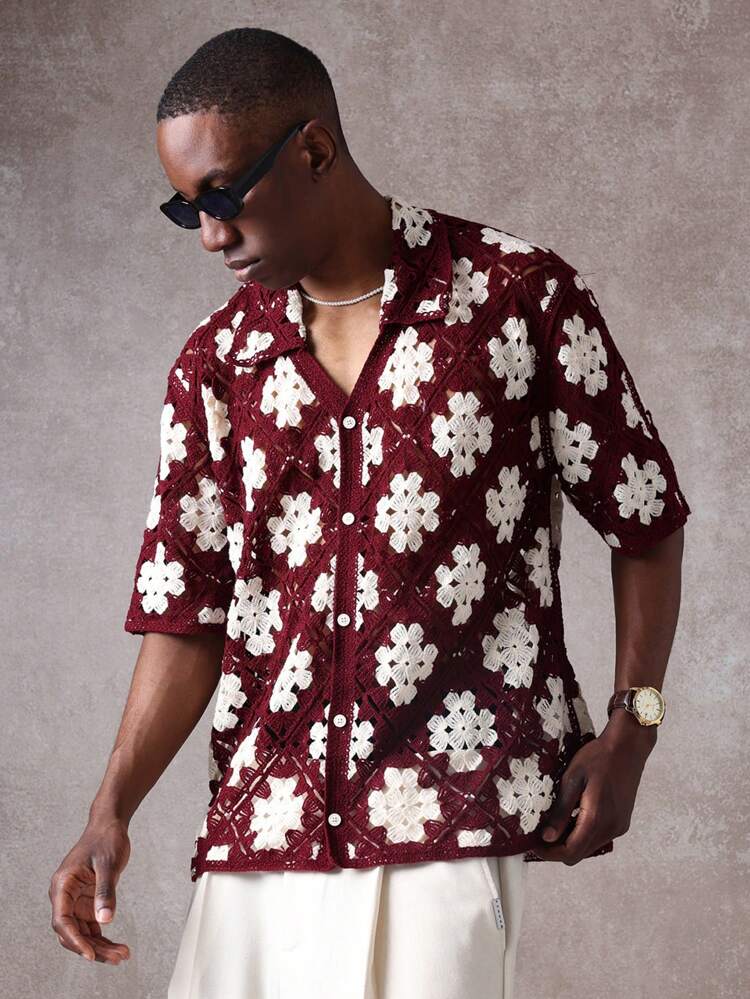 Men Floral Crochet Button Down Cardigan