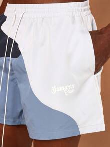 SUMWON Shorts de playa premium con diseño de bloques de color, pantalonetas de baño de verano con cordón, shorts deportivos resistentes al agua para la piscina, playa, vacaciones y deportes