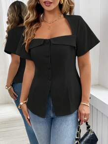 SHEIN Unity 女士加大码优雅法式通勤情人节梯形领方领前扣装饰腰线 A 字短袖衬衫