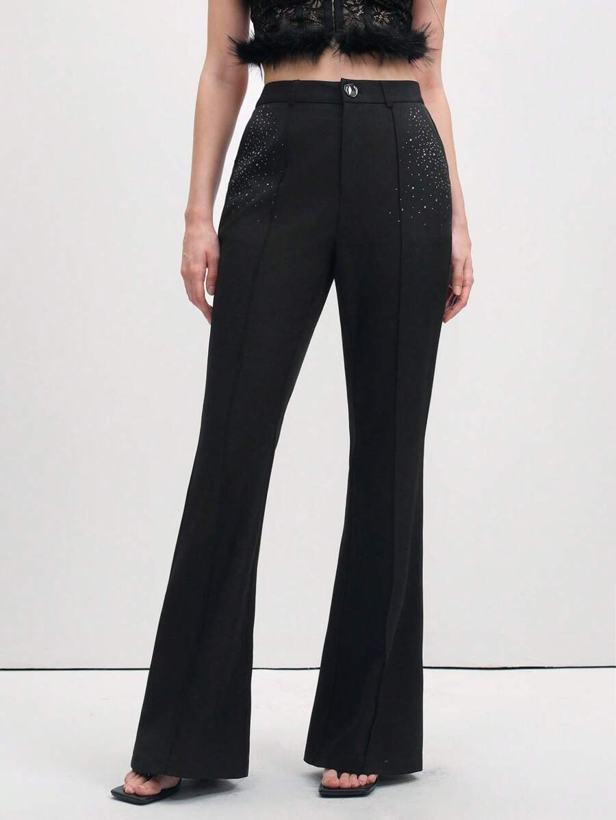 SHEIN LUNE Women Professional Black Business Trousers With Flared Rhinestone Decor