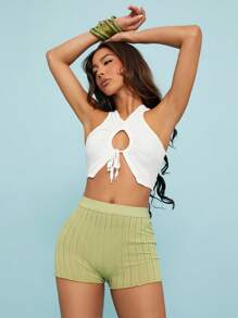NYA SZN Short Textured High Rise Lettuce Hem Mini Shorts Western Concert Music Country SummerCarnival For Women - Green - View 2