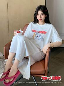 TOM AND JERRY X DAZY Bộ đồ ngủ Pijama rộng rãi in họa tiết hoạt hình cỡ lớn dễ thương, Moo Moo - Màu Xám nhạt - Xem 4