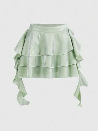 Fairycore Damen einfarbiger Patchwork-Volant-Bindesaum Modischer Minirock