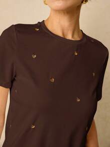 Poéselle 女士金线刺绣心形印花休闲日常装短袖 T 恤，夏季 T 恤女士 T 恤棉质茶会服装刺绣上衣 T 恤夏季上衣 - 咖啡棕 - 查看 6